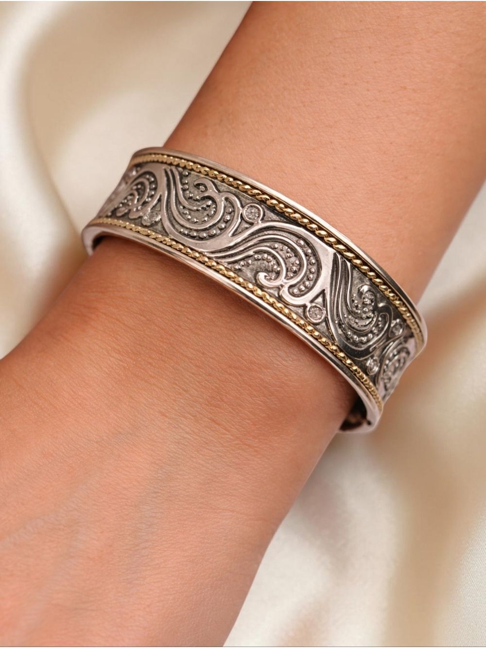 Kim Rogers Silver & Gold Scroll Rhinestone Bangle Bracelet Wide Cuff NWOT